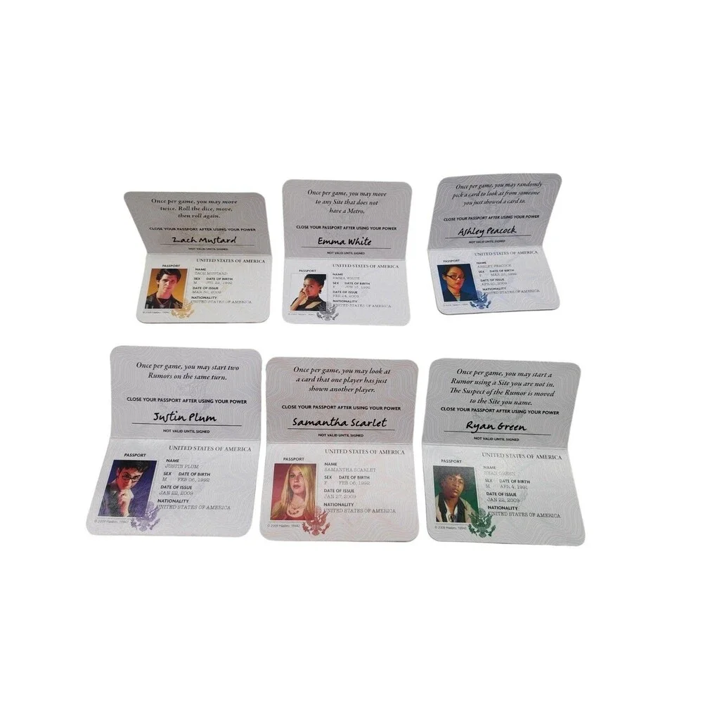 Clue Secrets in Paris 2009 Replacement Parts Set of 6 Passports Complete Hasbro